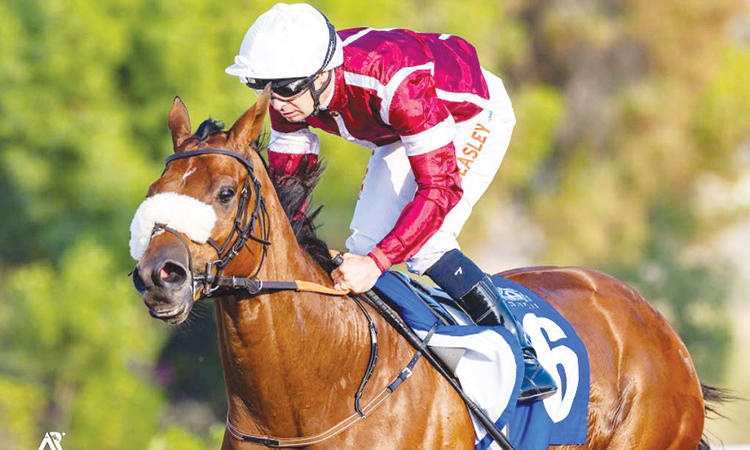 Connor Beasley guides Delorean to victory in the Union Day Stakes at the Jebel Ali Racecourse on Saturday.