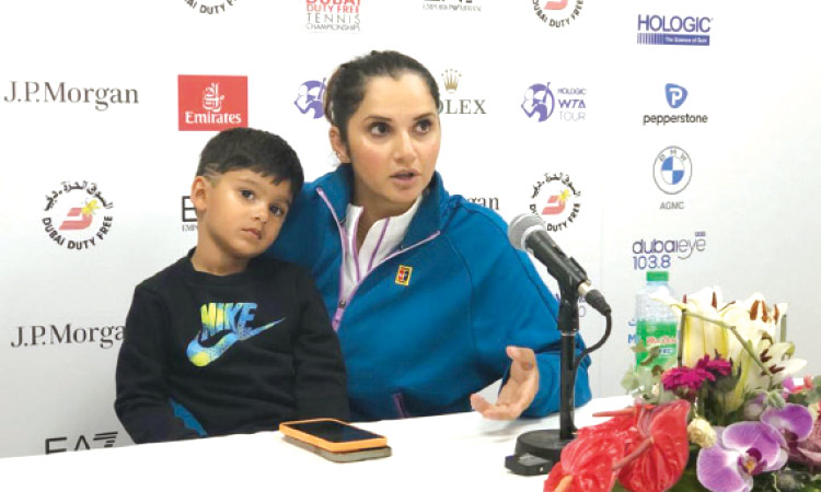 Sania Mirza with her son Izhaan Mirza Malik attends a press conference in Dubai. 