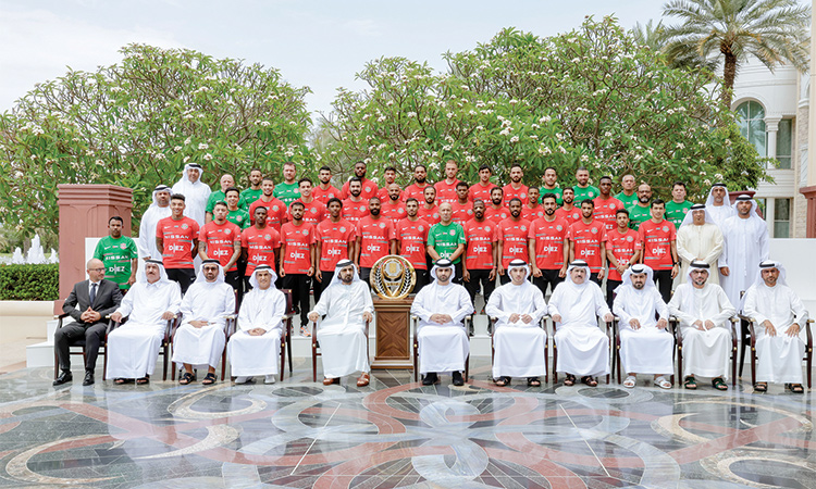 Sheikh Mohammed with the players and staff of the Shabab Al Ahli Club, the winners of Adnoc Pro League 2022–23 season.
