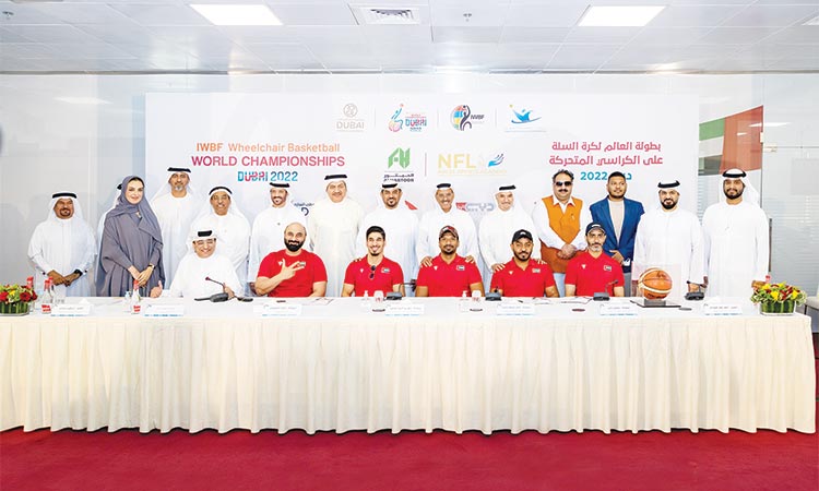 Dignitaries along with UAE team players attend a press conference to announce the IWBF Wheelchair Basketball Championships on Thursday.