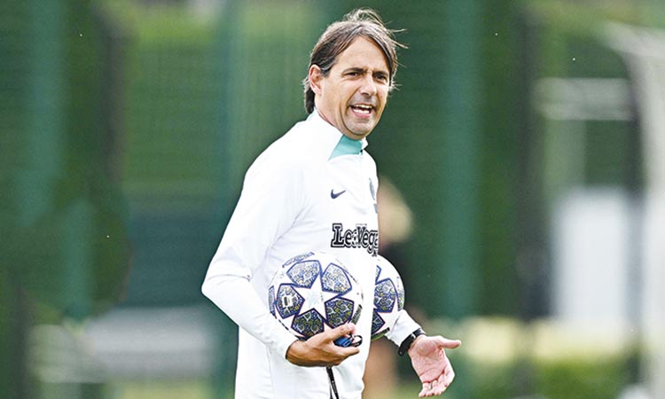 Inter Milan’s coach Simone Inzaghi supervises a training session in Milan on Tuesday. AFP