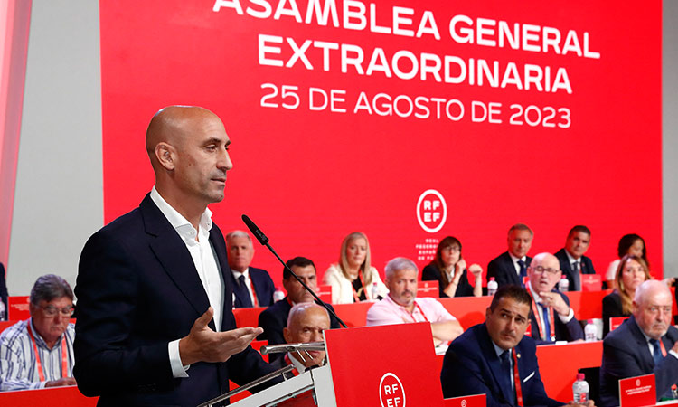 Luis Rubiales delivers a speech during an extraordinary general assembly of the federation in Las Rozas de Madrid on Friday. AFP