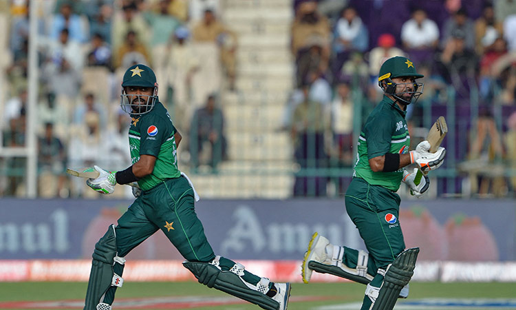 Pakistan’s Babar Azam (left) and Iftikhar Ahmed run between the wickets during their Asia Cup 2023 match against Nepal at the Multan Cricket Stadium in Multan on Wednesday. AFP