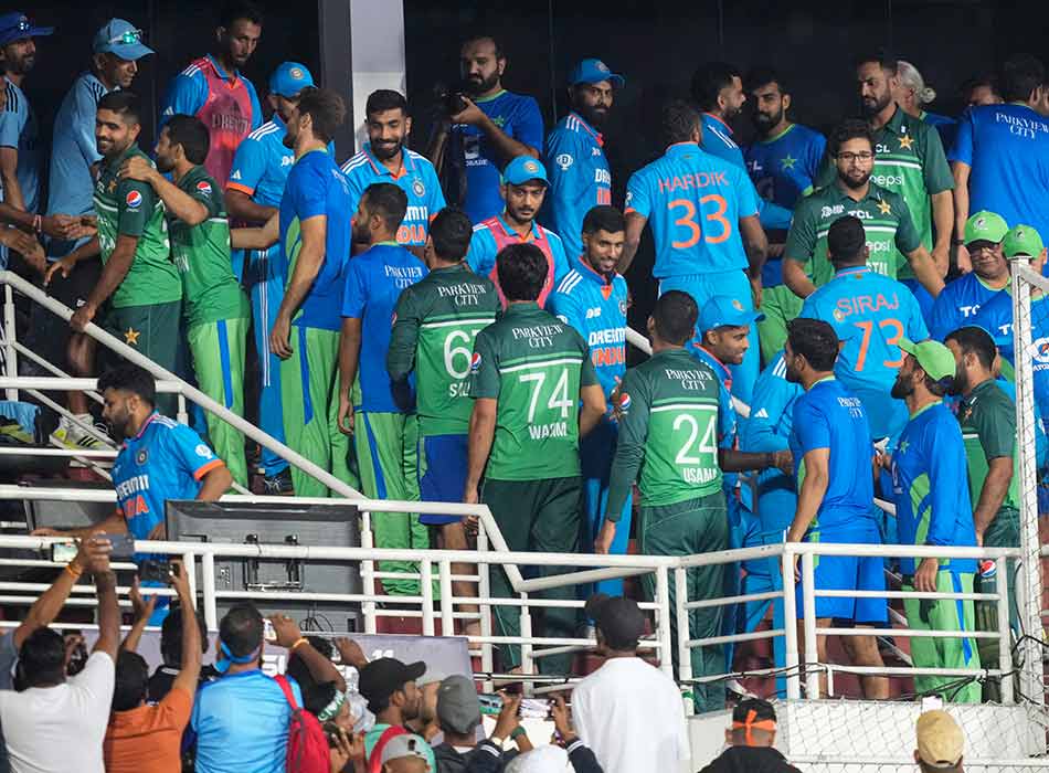 India and Pakistan players shake hands at the end of the Asia Cup 2023 match at the Pallekele International Cricket Stadium in Kandy, Sri Lanka on Saturday.   AFP