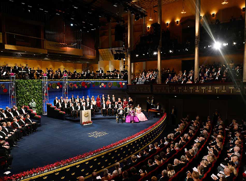 The Nobel laureates and the royal family of Sweden during the Nobel Prize award ceremony at the Concert Hall in Stockholm. File / AP