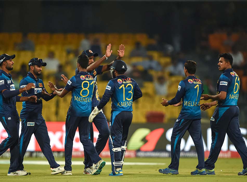 Sri Lanka's players celebrate after the dismissal of Afghanistan's Karim Janat (not pictured) during their Asia Cup 2023 match at the Gaddafi Stadium in Lahore on Tuesday. AFP  
