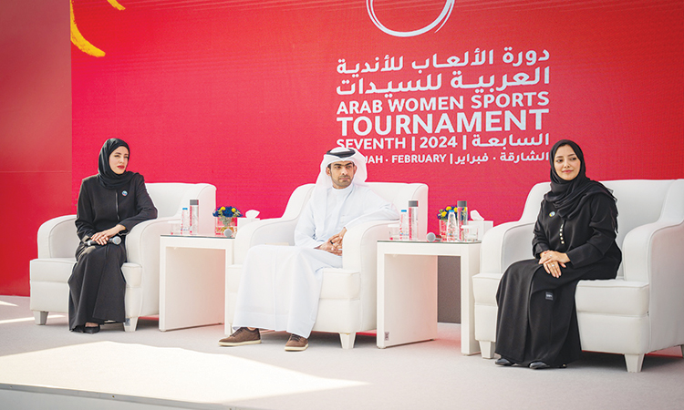 Sheikh Khalid Bin Ahmed Al Qasimi (centre), Hanan Al Mahmoud (left) and Noura Al Shamsi during a press conference at Al Jada in Sharjah on Tuesday.