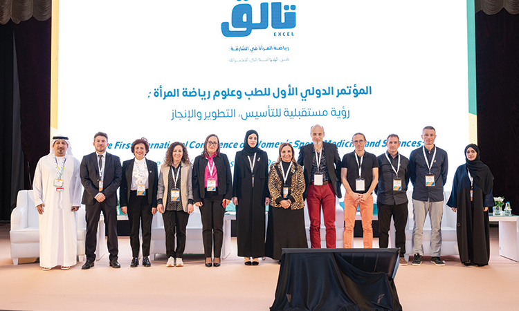 Sheikha Hayat Bint Abdulaziz Al Khalifa and Hanan Al Mahmoud in a group photo with the speakers at the first edition of the Excel conference 2024.