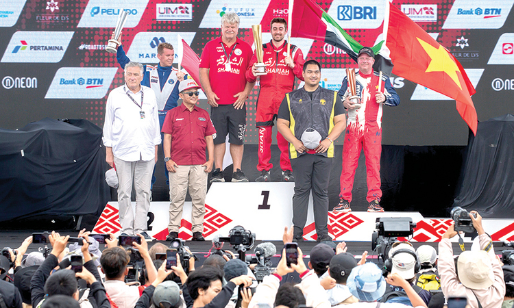 Sharjah Team’s Rusty Wyatt celebrates on the podium after winning the Indonesia Grand Prix on Sunday.