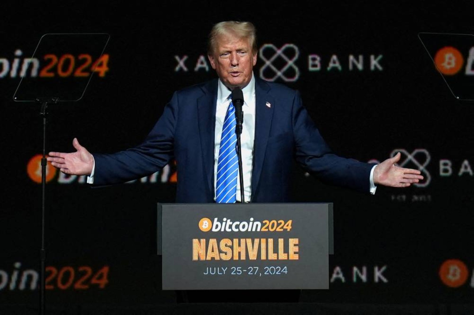 Donald Trump gestures at the Bitcoin 2024 event in Nashville, Tennessee, US. File/Reuters