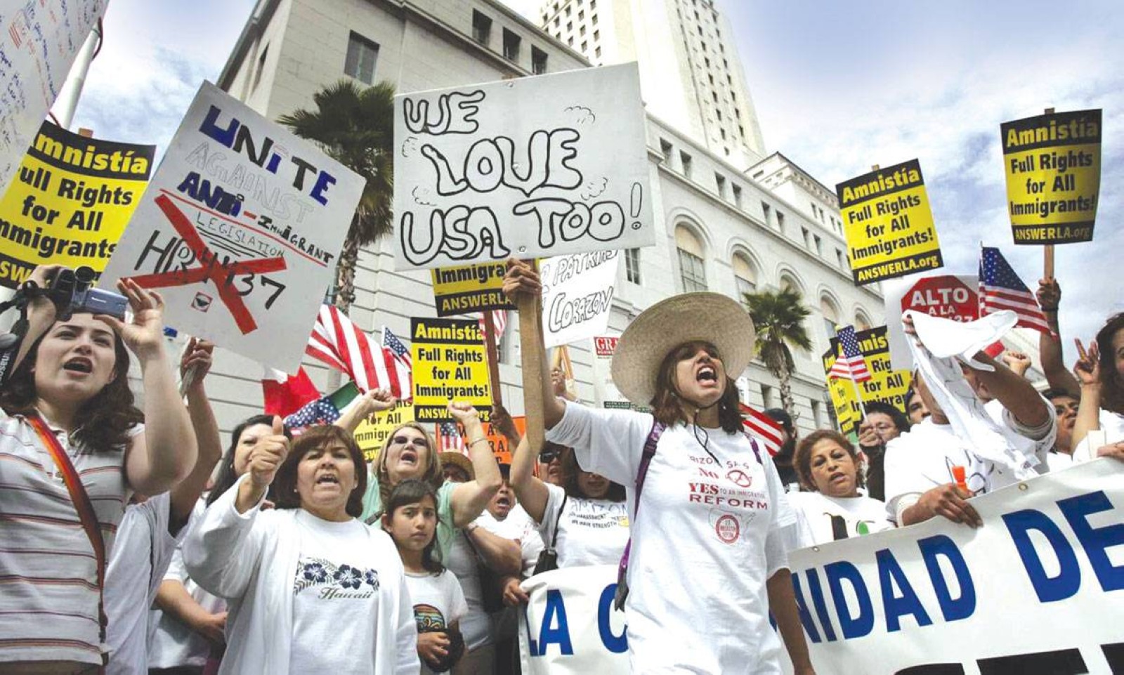 Thousands of protesters march to city hall in downtown Los Angeles against House-passed HR 4437, an anti-immigration bill that opponents say will criminalise millions of immigrant families and anyone who comes into contact with them.  File/Tribune News Service