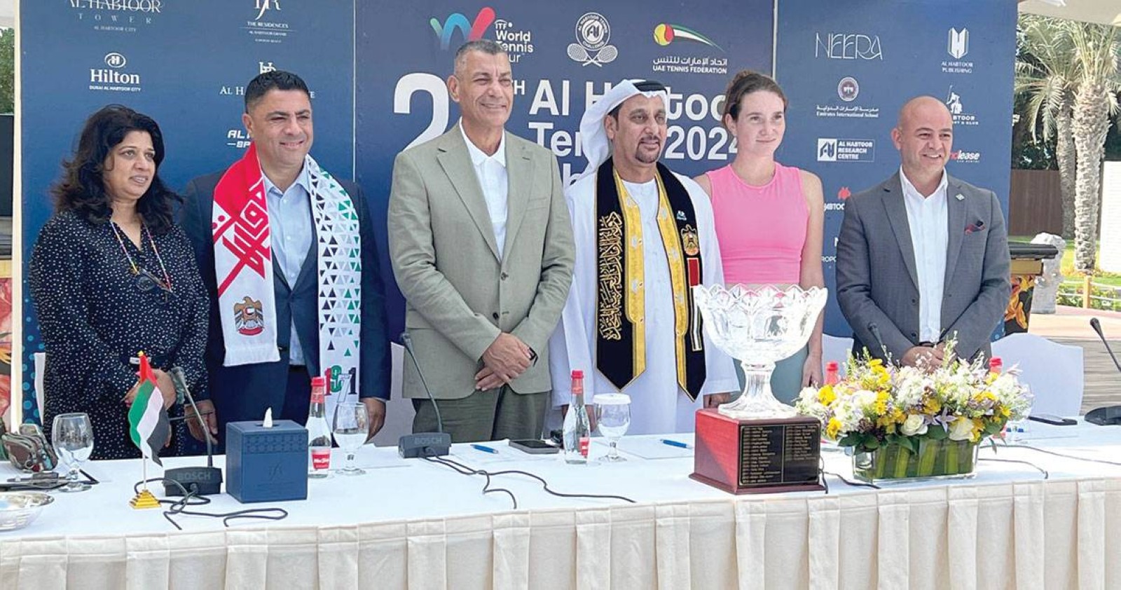 From left: Sheetal Iyer, Waleed Samaan, Laith Alani, Khalid Al Ali, Ekaterina Shalimova and Khalid Saeed pose for a picture after the press conference.