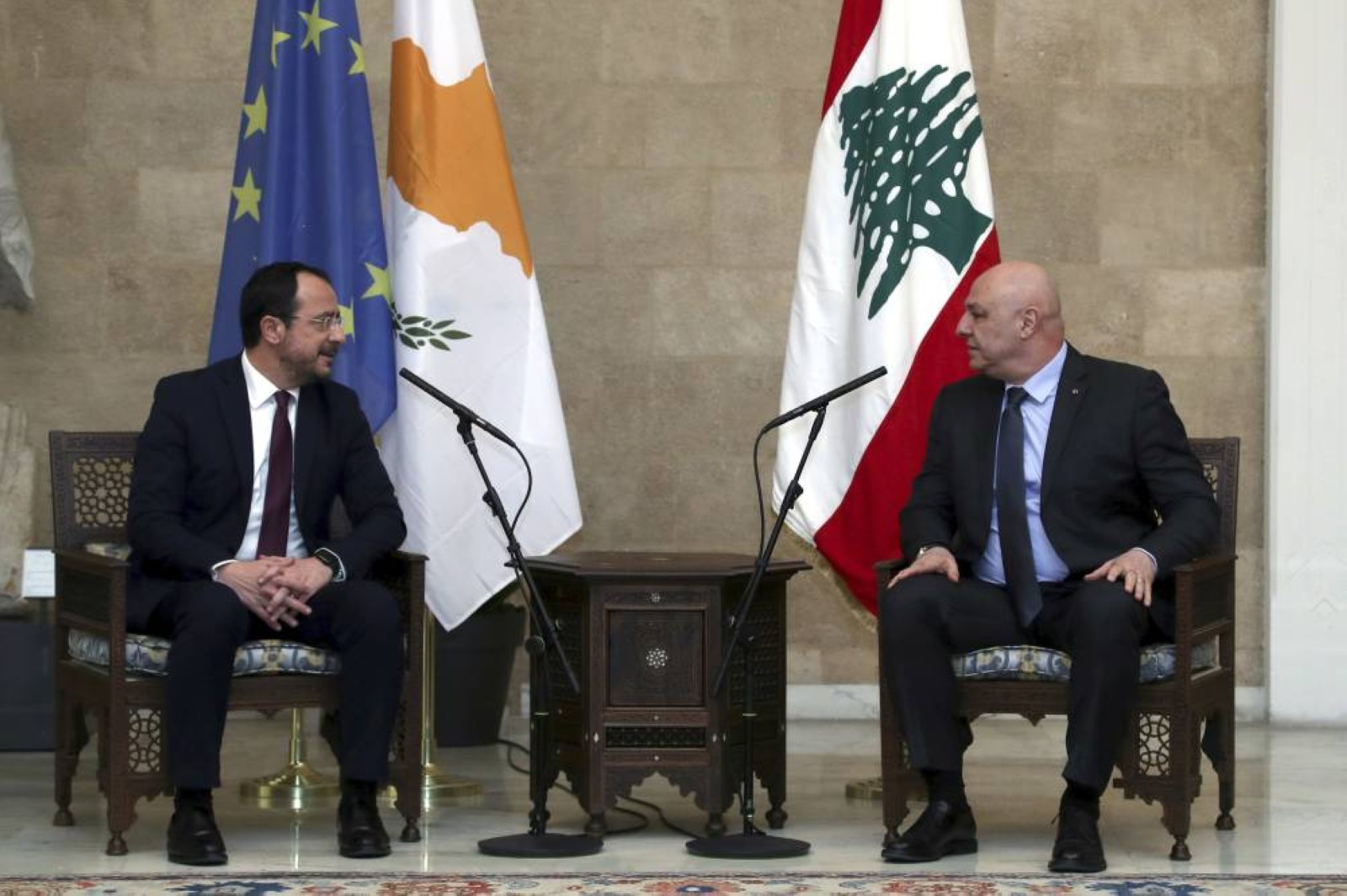 Lebanese President Joseph Aoun (right) meets his Cypriot counterpart Nikos Christodoulides at the presidential palace in Baabda, east of Beirut, Lebanon. Associated Press