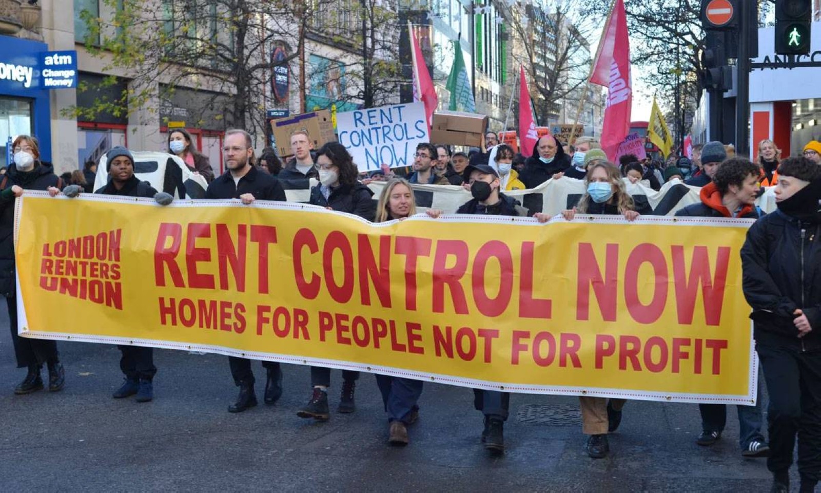 Demonstrators protest against soaring rents in London.