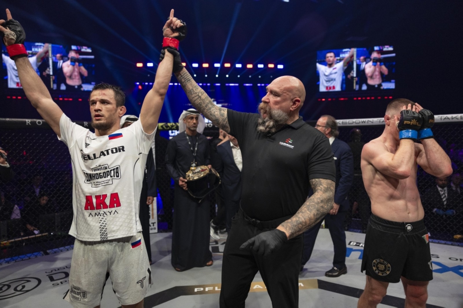 Usman Nurmagomedov (left) reacts after winning his bout against Paul Hughes at the main event of PFL Road to Dubai Champions Series on Saturday.