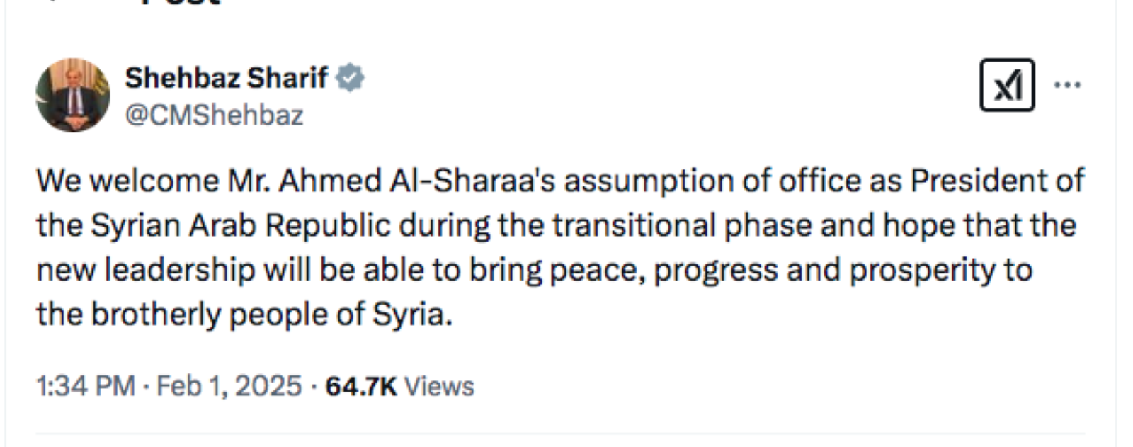 Pakistan PM Shahbaz welcomes Al Sharaa on assuming interim presidency of Syria, expresses hope for peace