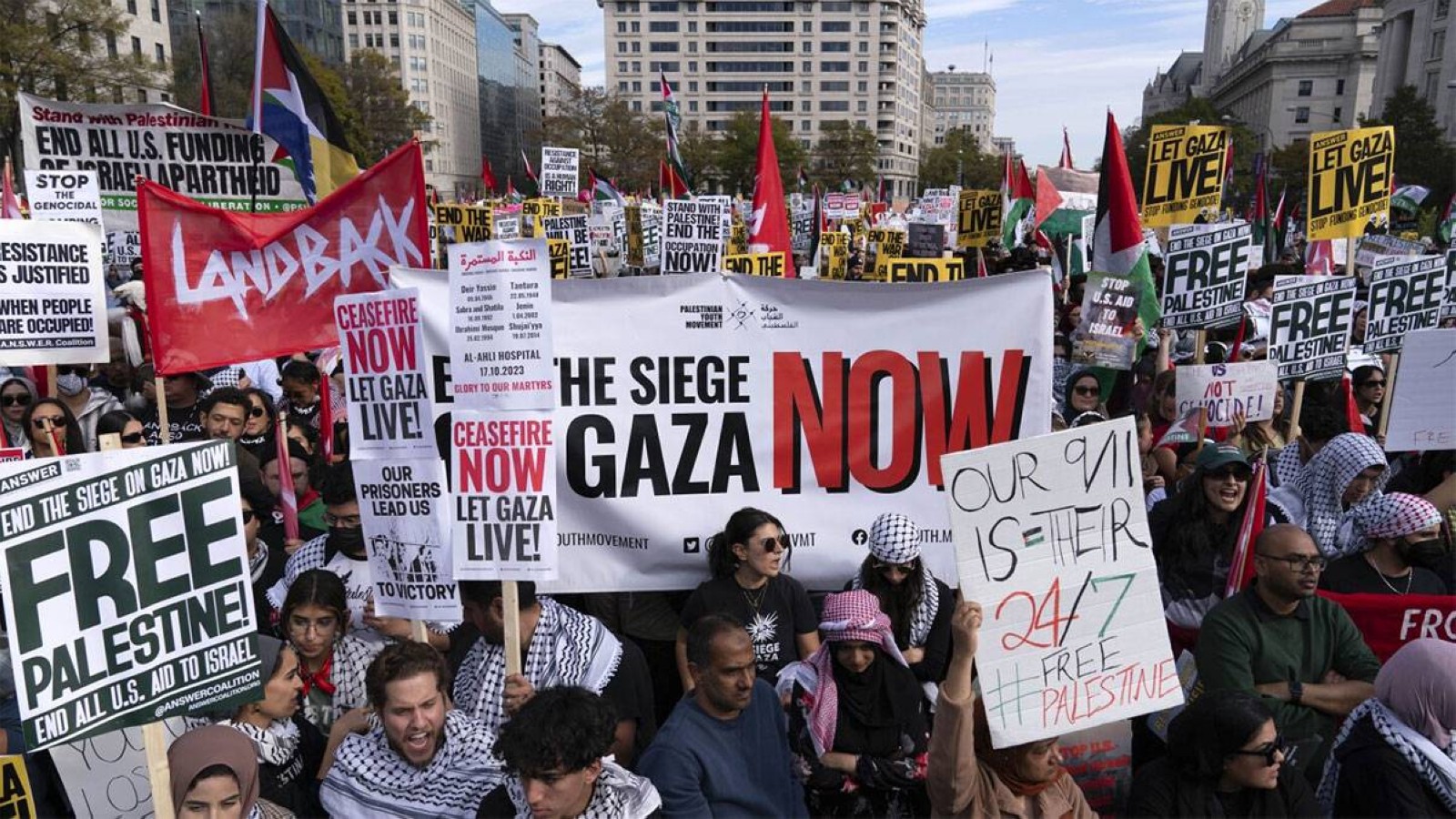 Protesters rally during a pro-Palestinian march at Freedom Plaza in Washington. AP