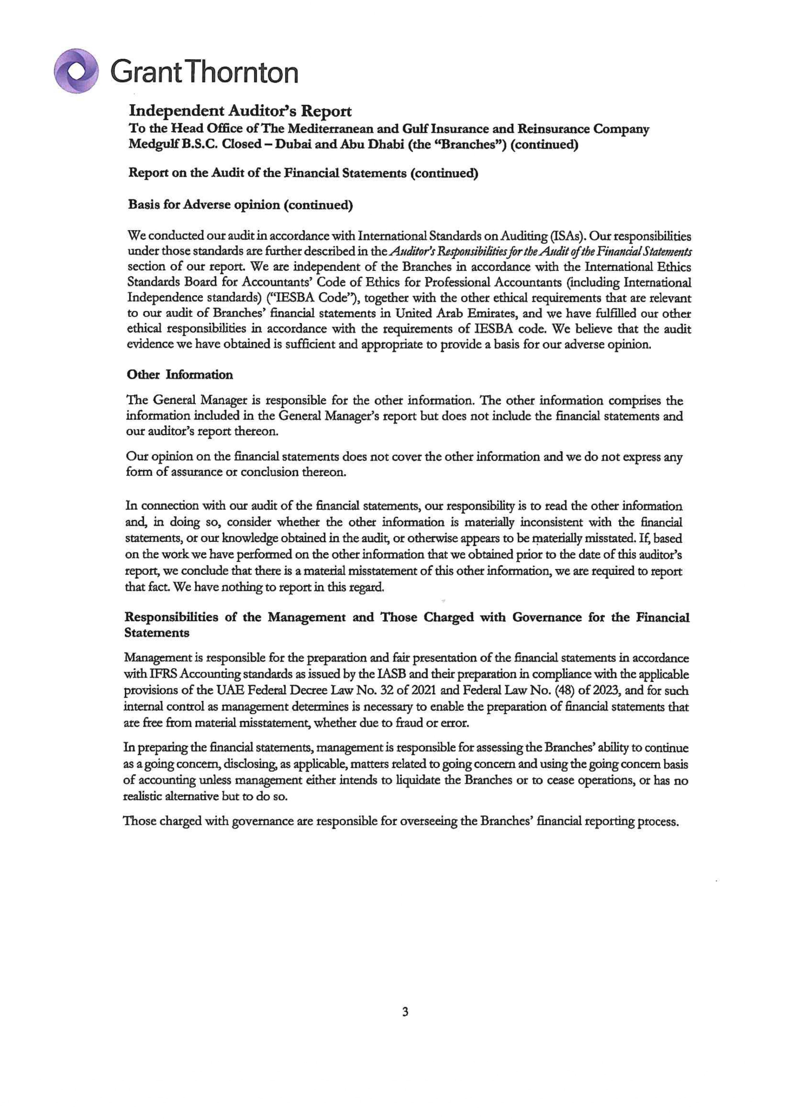 Independent Auditors’ Report to the Head Office of The Mediterranean and Gulf Insurance and Reinsurance Company Medgulf B.S.C  closed Dubai and Abu Dhabi (the Branches”)