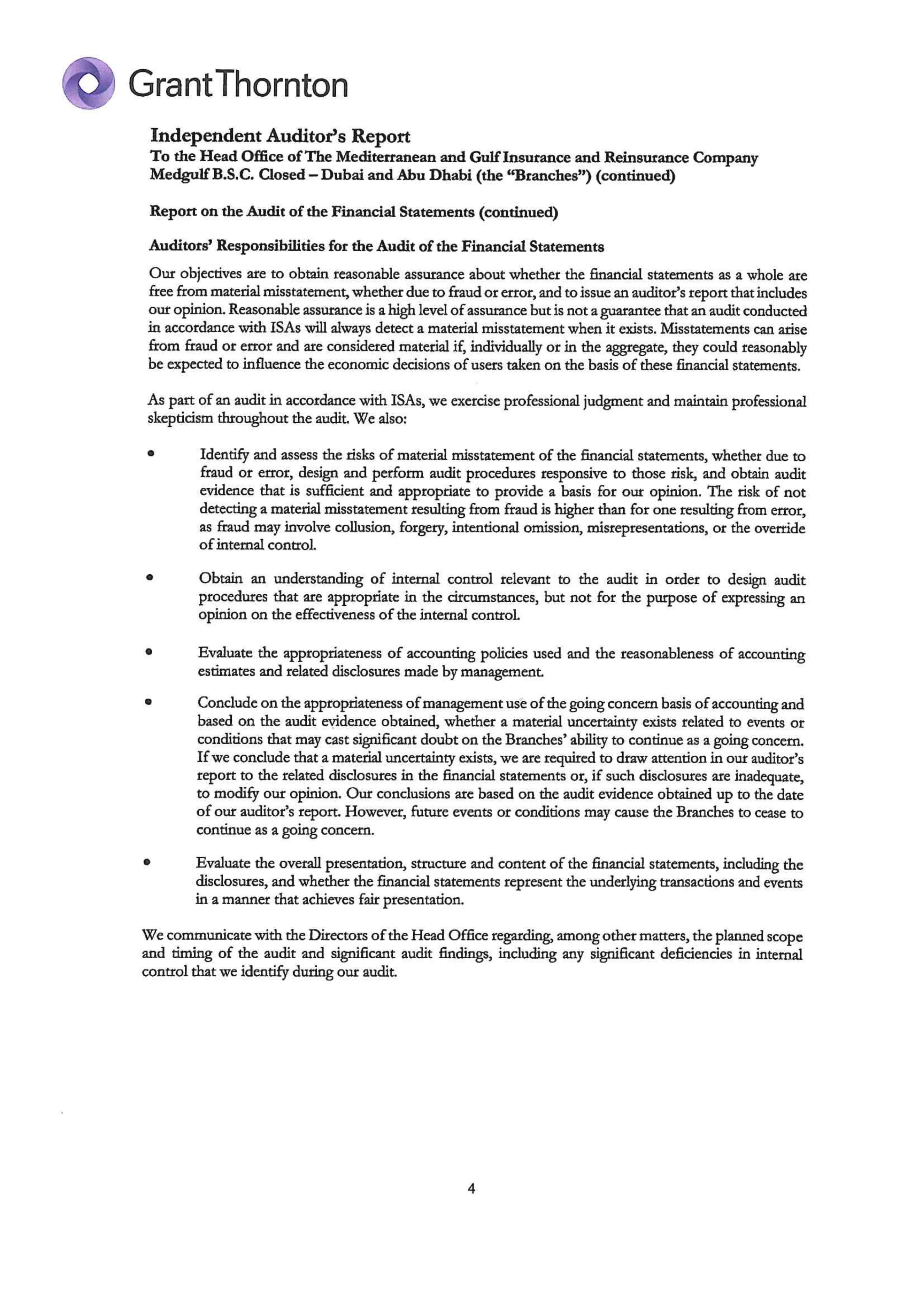 Independent Auditors’ Report to the Head Office of The Mediterranean and Gulf Insurance and Reinsurance Company Medgulf B.S.C  closed Dubai and Abu Dhabi (the Branches”)