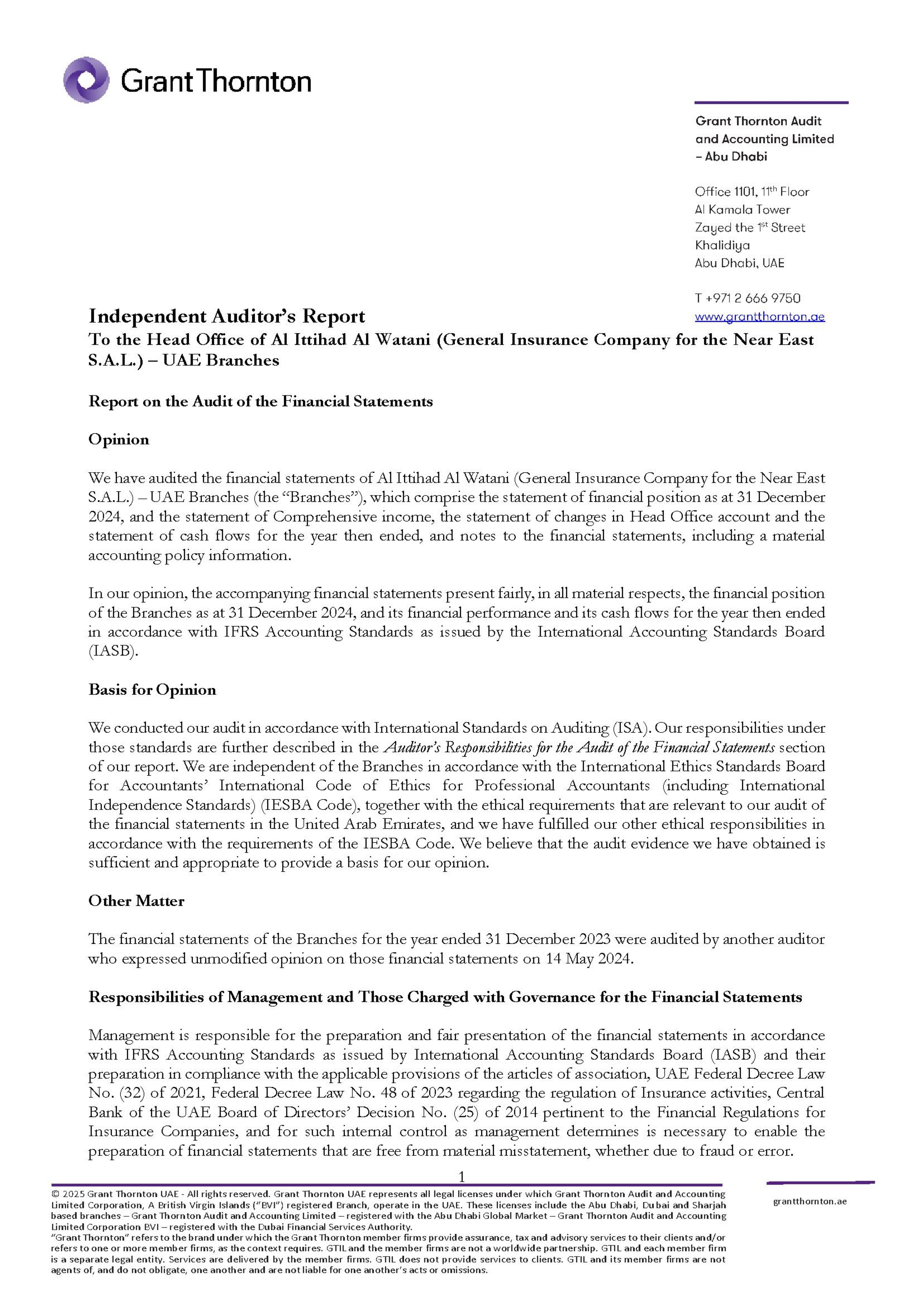 Al Ittihad Al Watani (General Insurance Company for the Near East  S.A.L.) — UAE Branches Financial statement for the year ended 31 December 2024