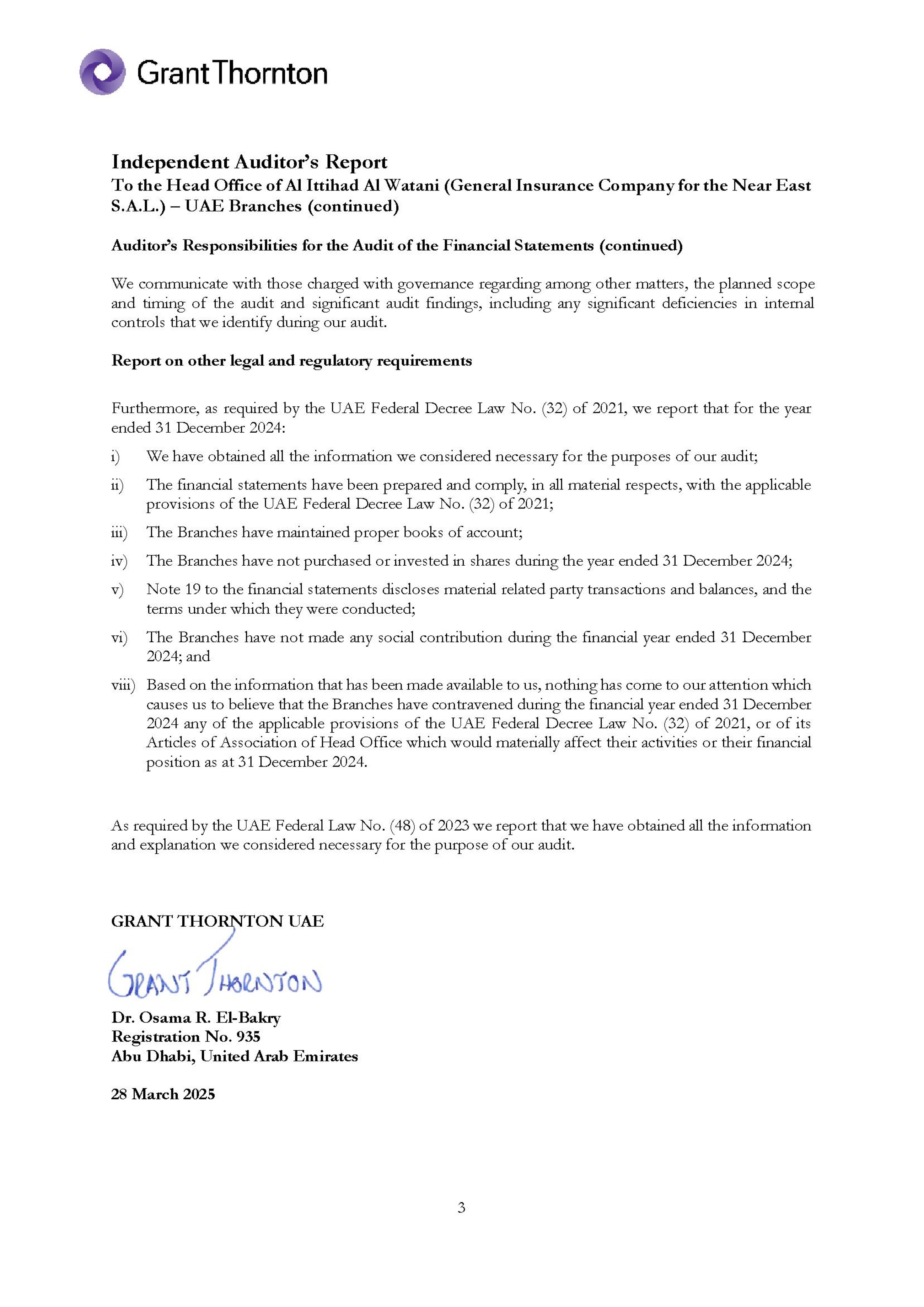 Al Ittihad Al Watani (General Insurance Company for the Near East  S.A.L.) — UAE Branches Financial statement for the year ended 31 December 2024