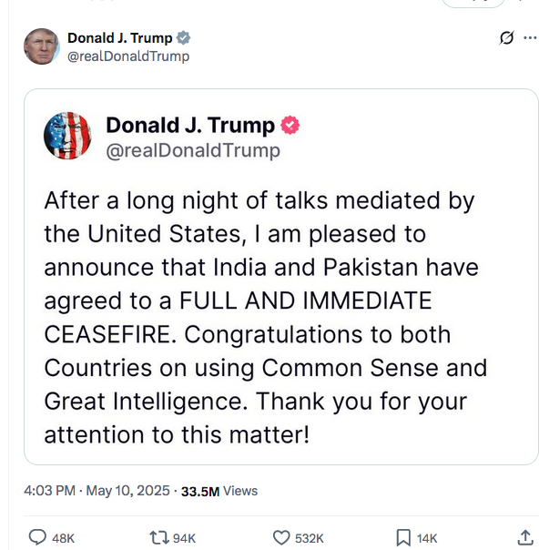 Trump announces 'full and immediate' India-Pakistan ceasefire