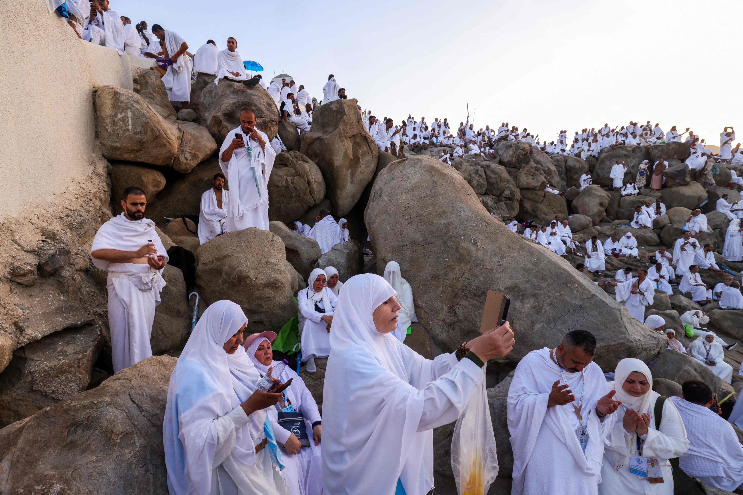 Muslim pilgrims pray at Mount Arafat in Hajj apex