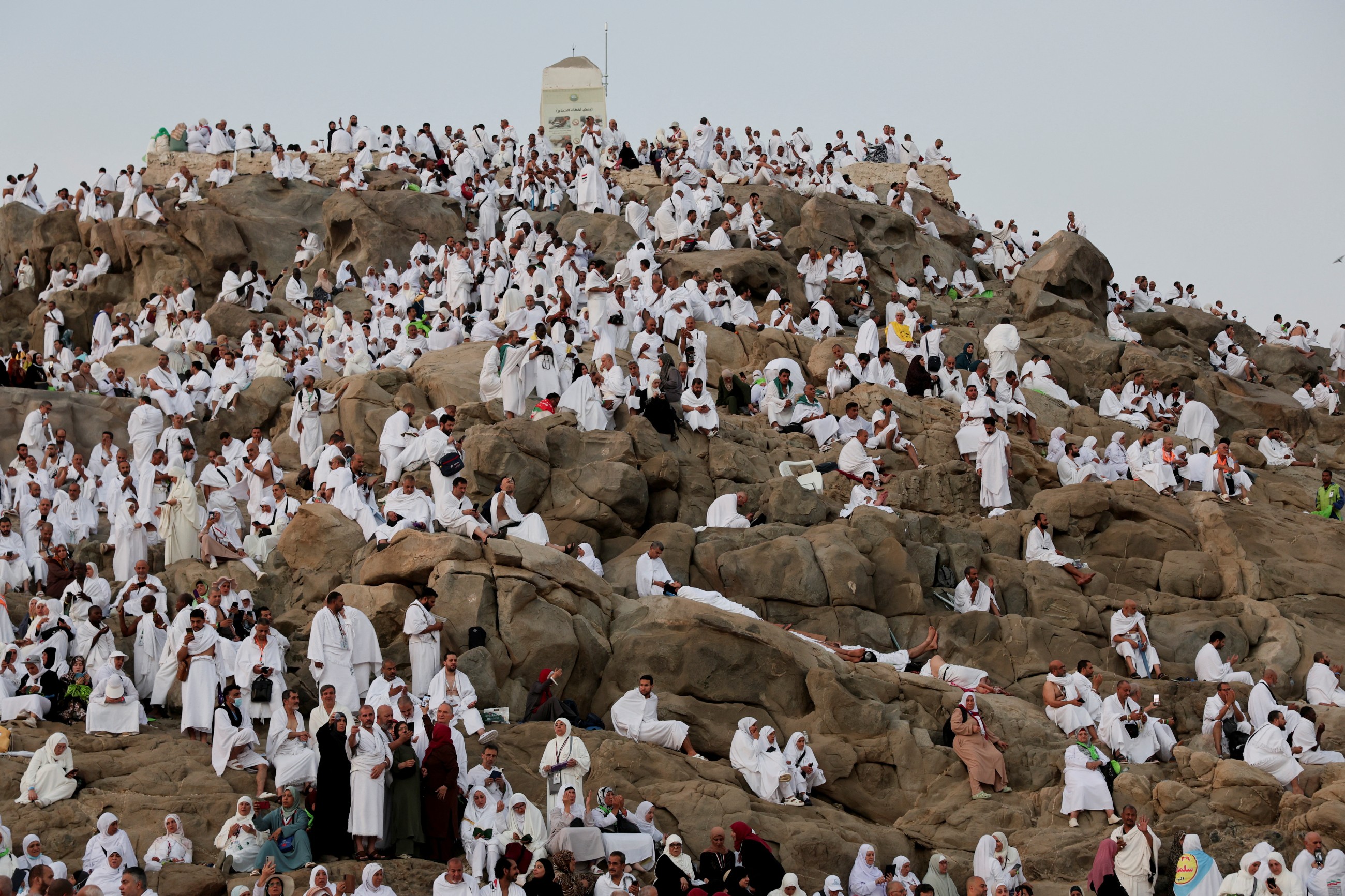 Muslim pilgrims pray at Mount Arafat in Hajj apex