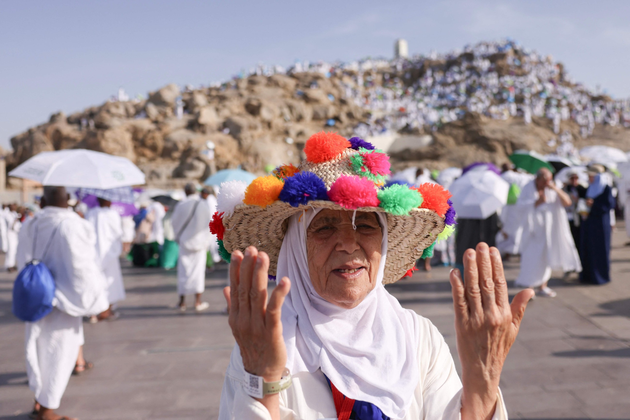 Muslim pilgrims pray at Mount Arafat in Hajj apex