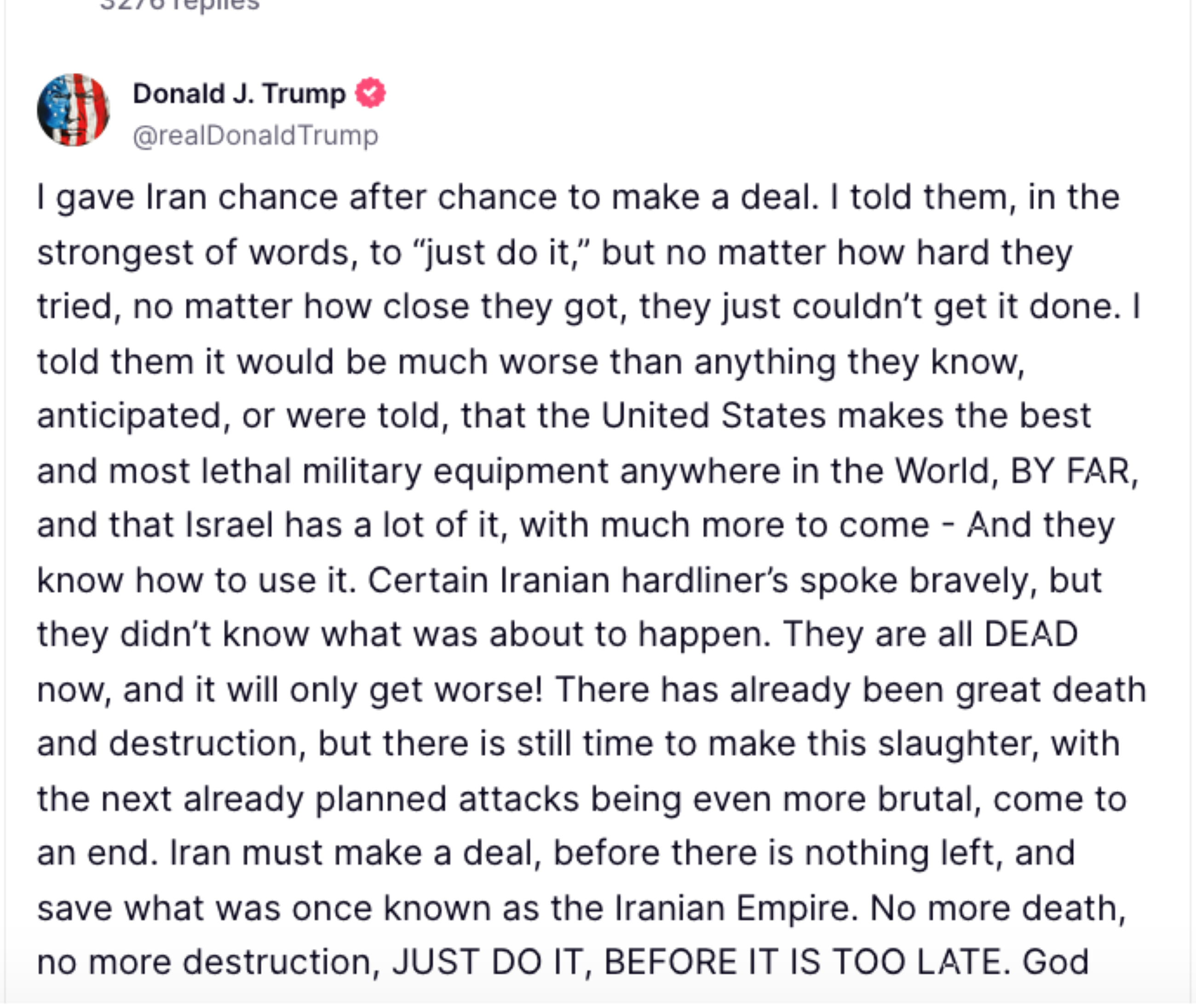 'Make a deal, before there is nothing left,' Trump warns Iran