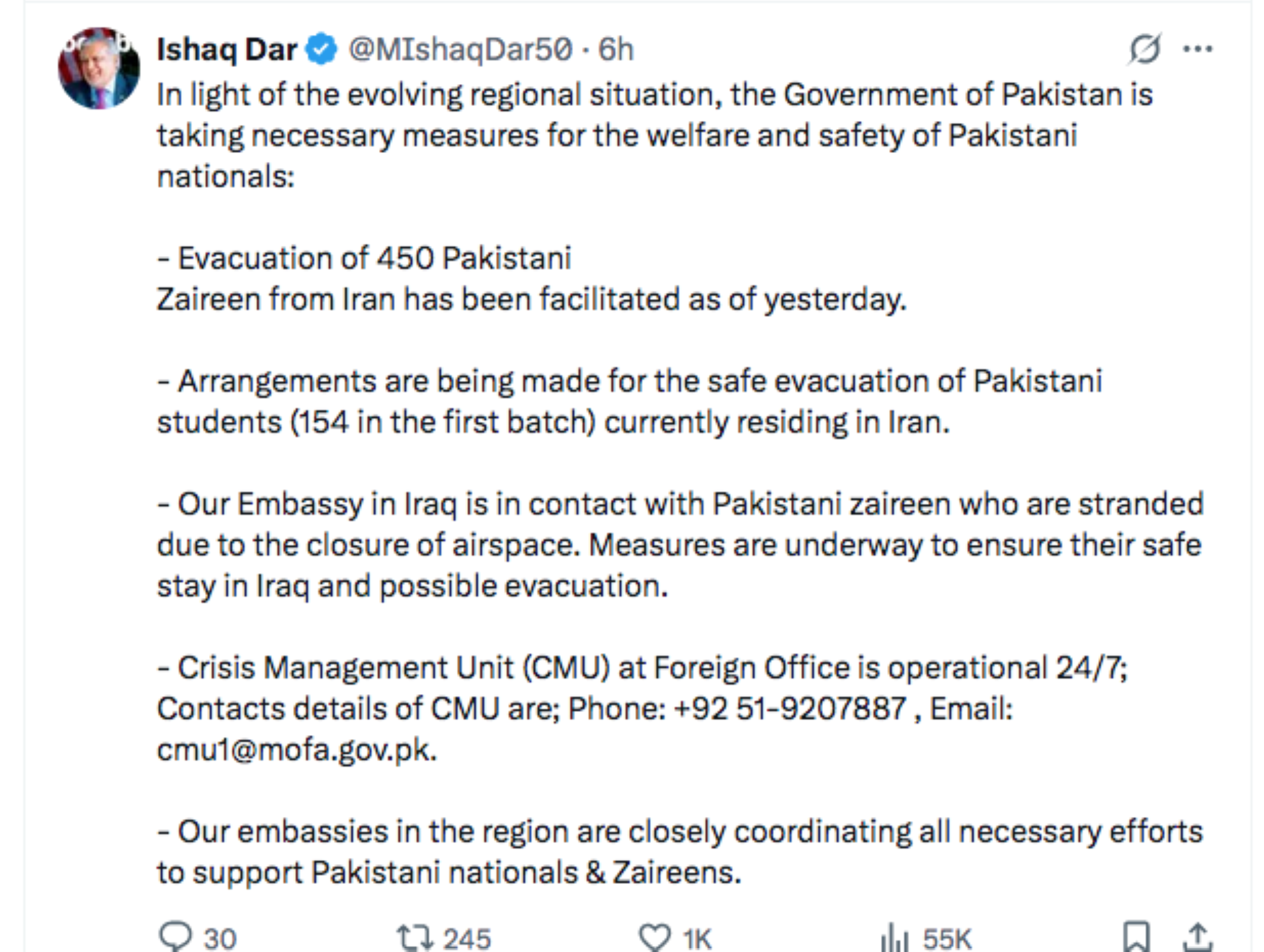 450 Pakistani devotees safely evacuated from Iran, confirms foreign minister