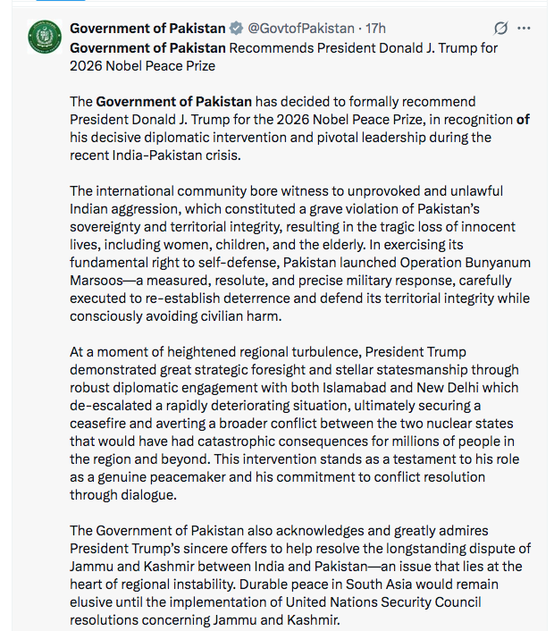 Pakistan formally recommends US President Trump for Nobel Peace Prize