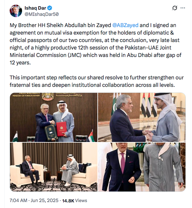 UAE and Pakistan sign agreement to exempt entry visa requirements between the two countries