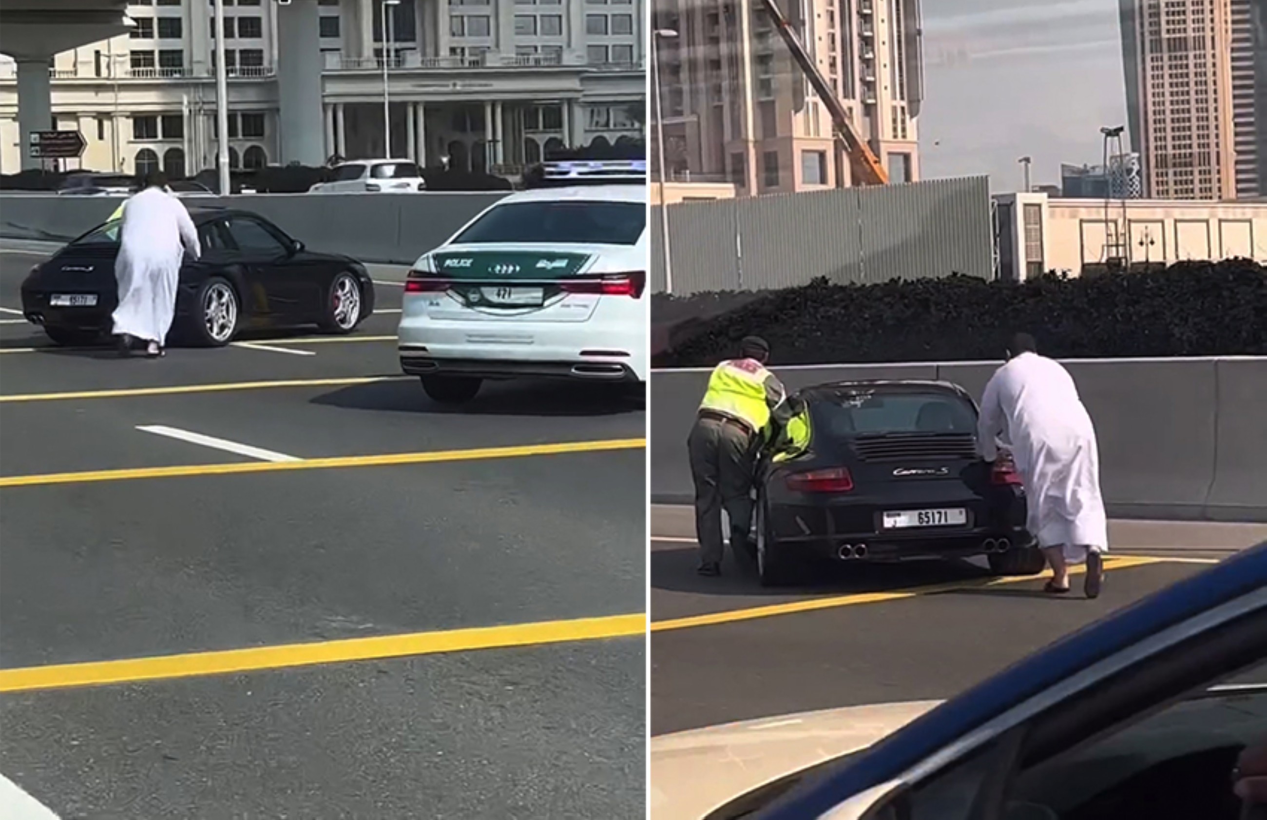 Video: Police officer and citizen assist stranded woman after car breaks down in Dubai
