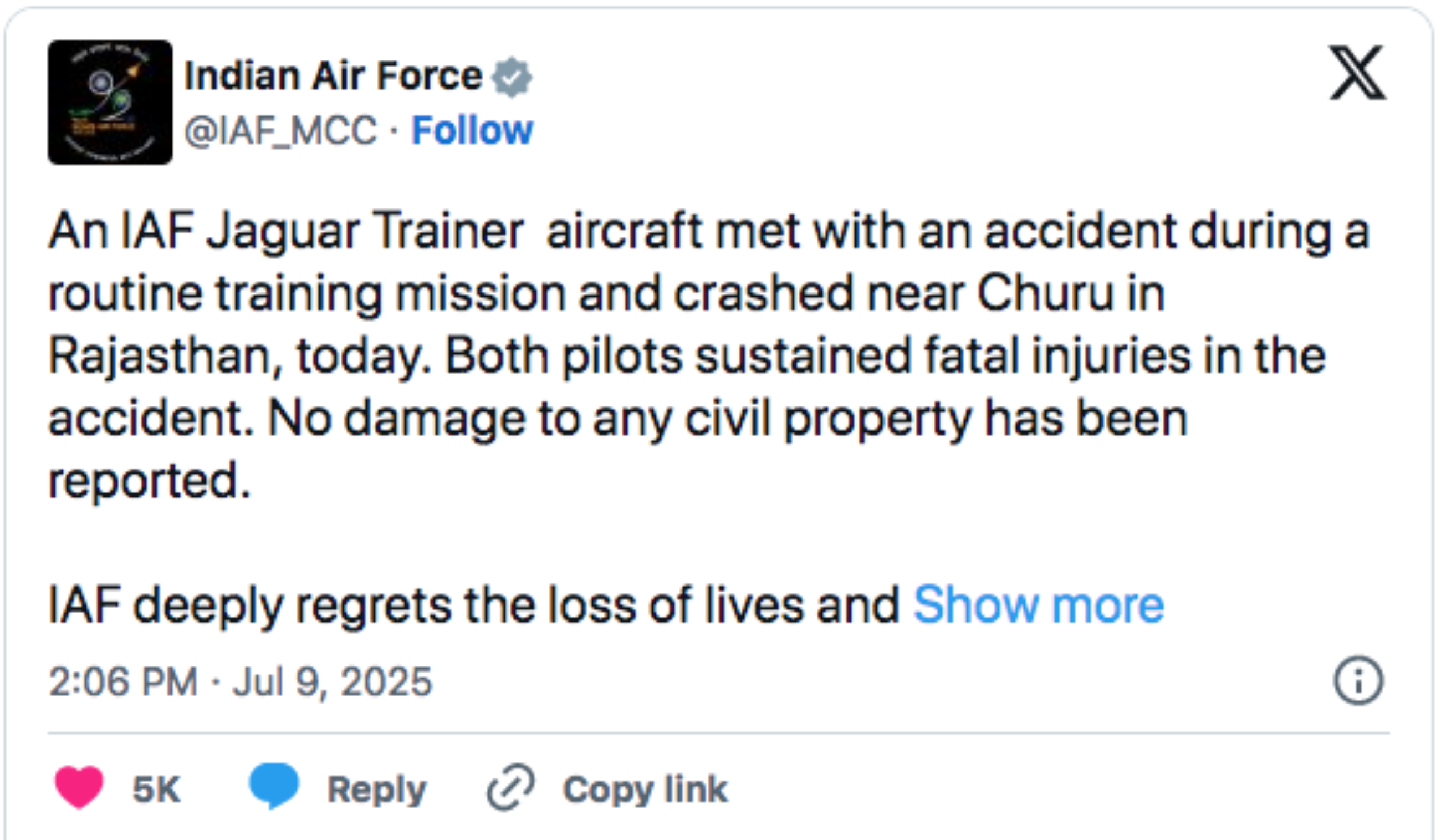 Indian fighter jet crash in Rajasthan leaves two pilots dead