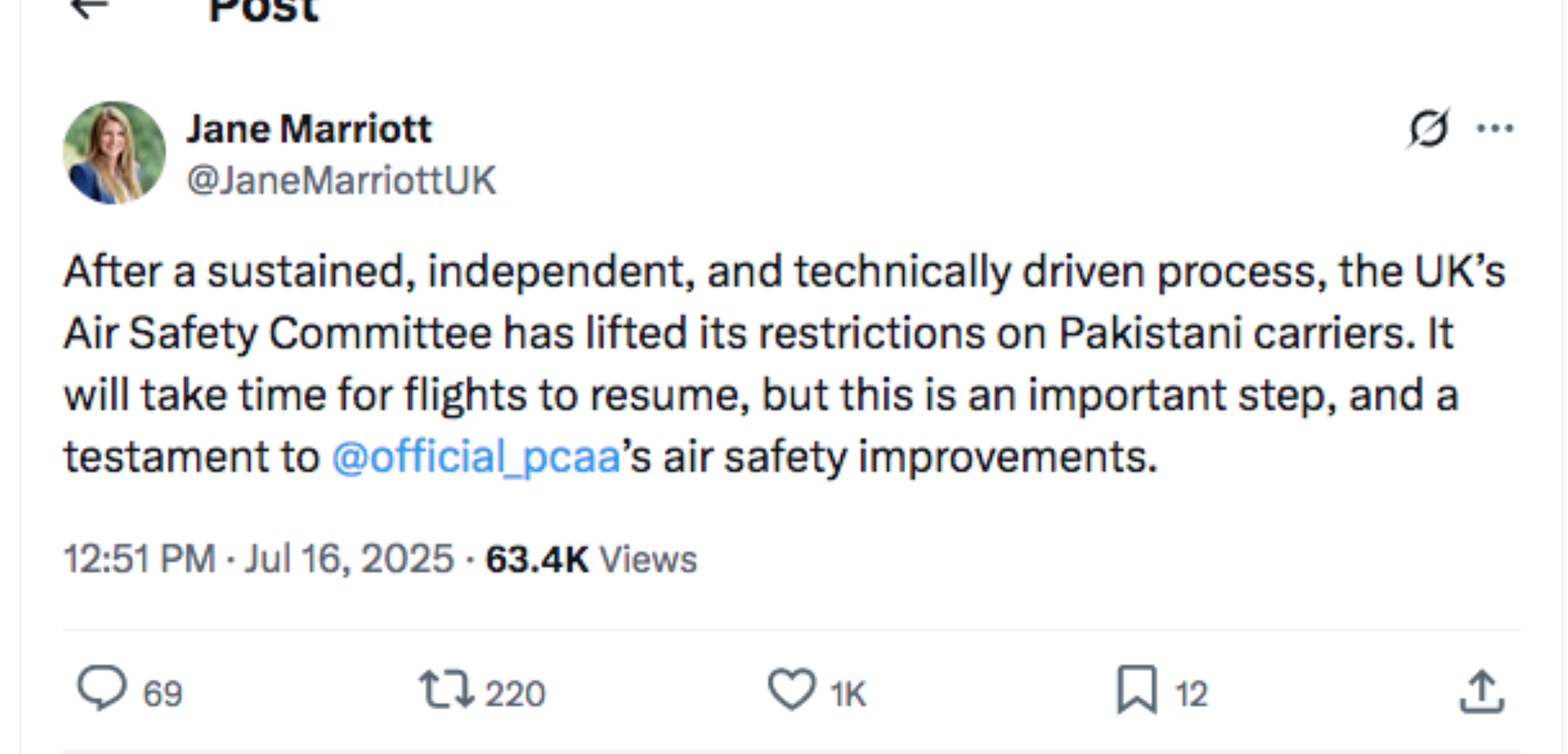 Britain lifts ban on Pakistani airlines following safety improvements