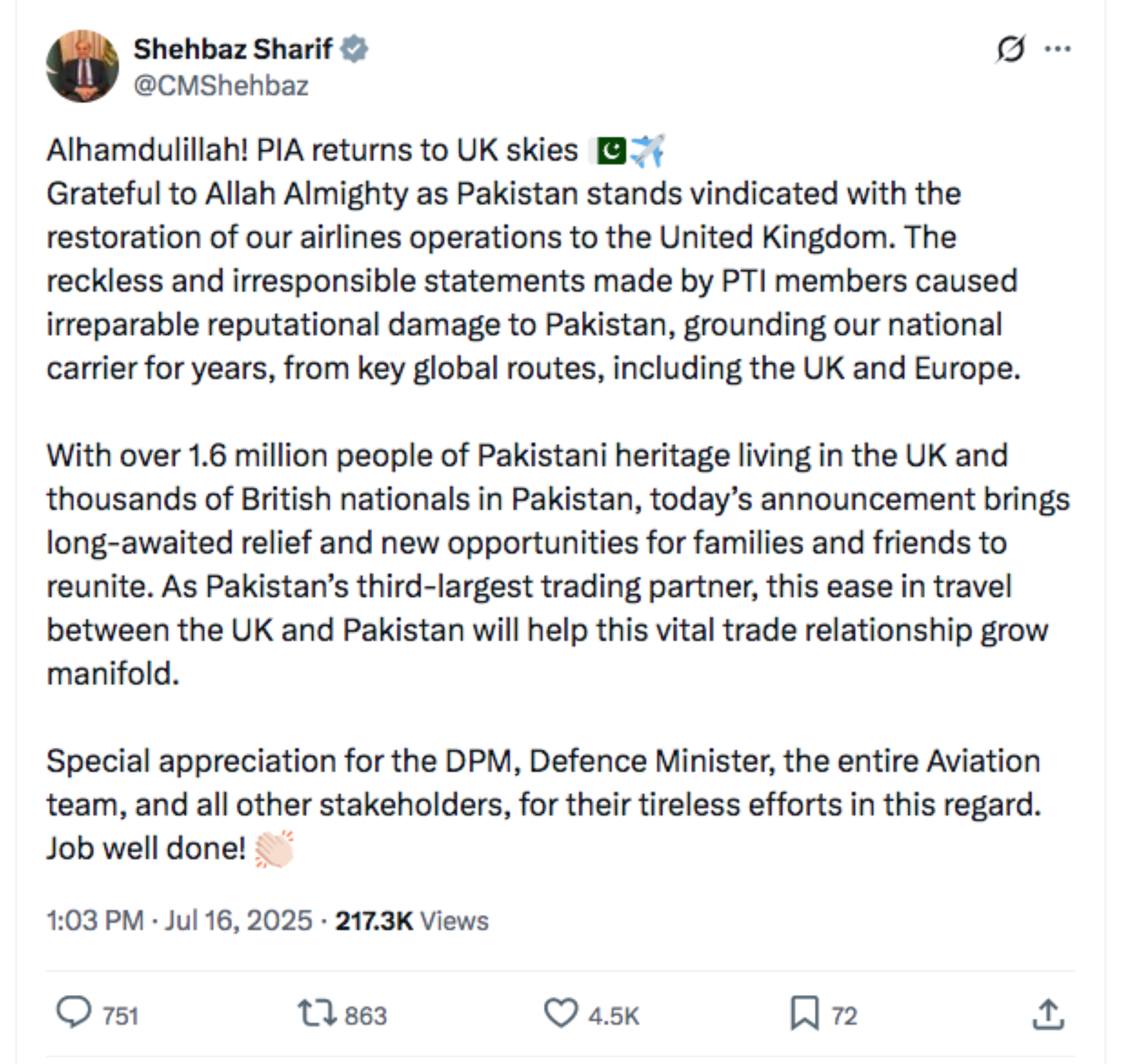 Britain lifts ban on Pakistani airlines following safety improvements