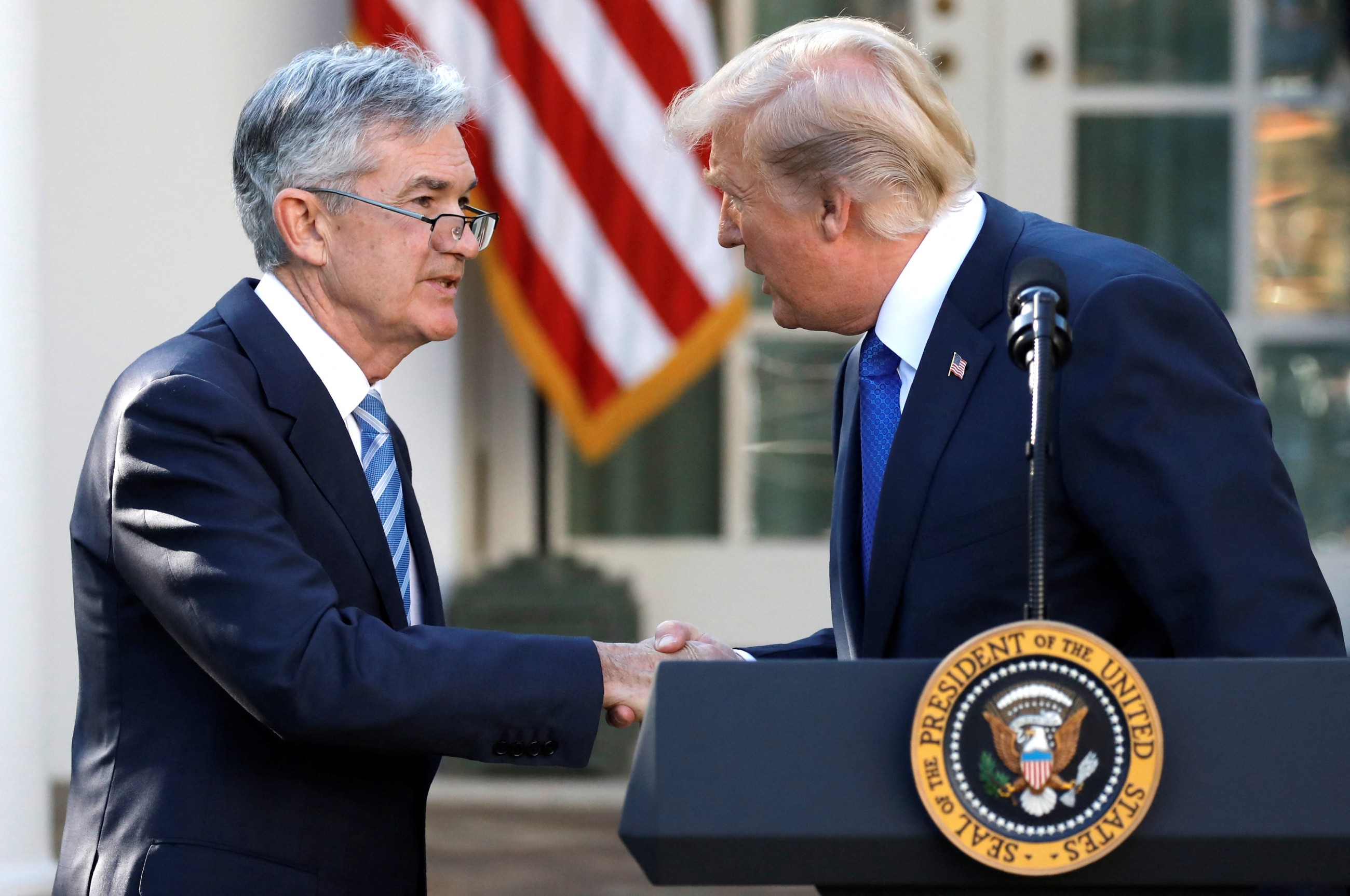 Donald Trump greets Jerome Powell at the White House in Washington. File/Reuters
