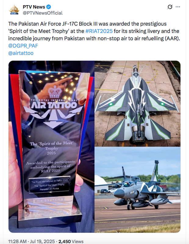 Pakistan's fighter jets win top awards at Royal Air Show in Britain