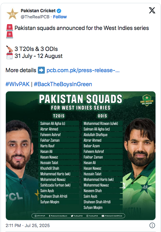 Pakistan retain Rizwan as ODI captain for West Indies series