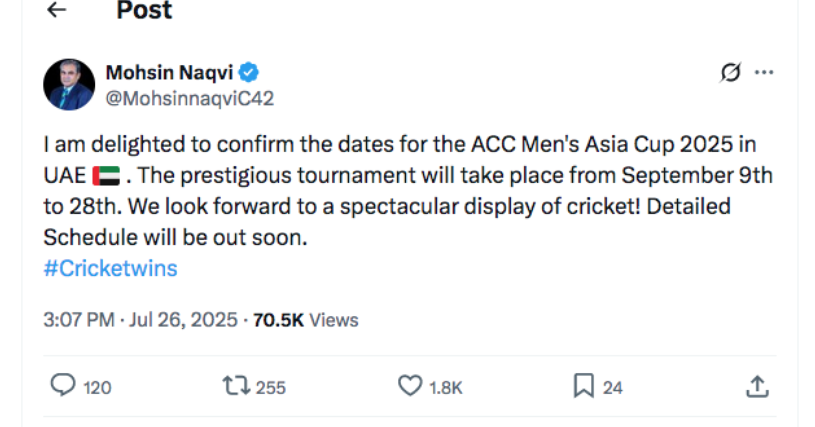 Asia Cup cricket tournament to be held in UAE from Sept.9-28