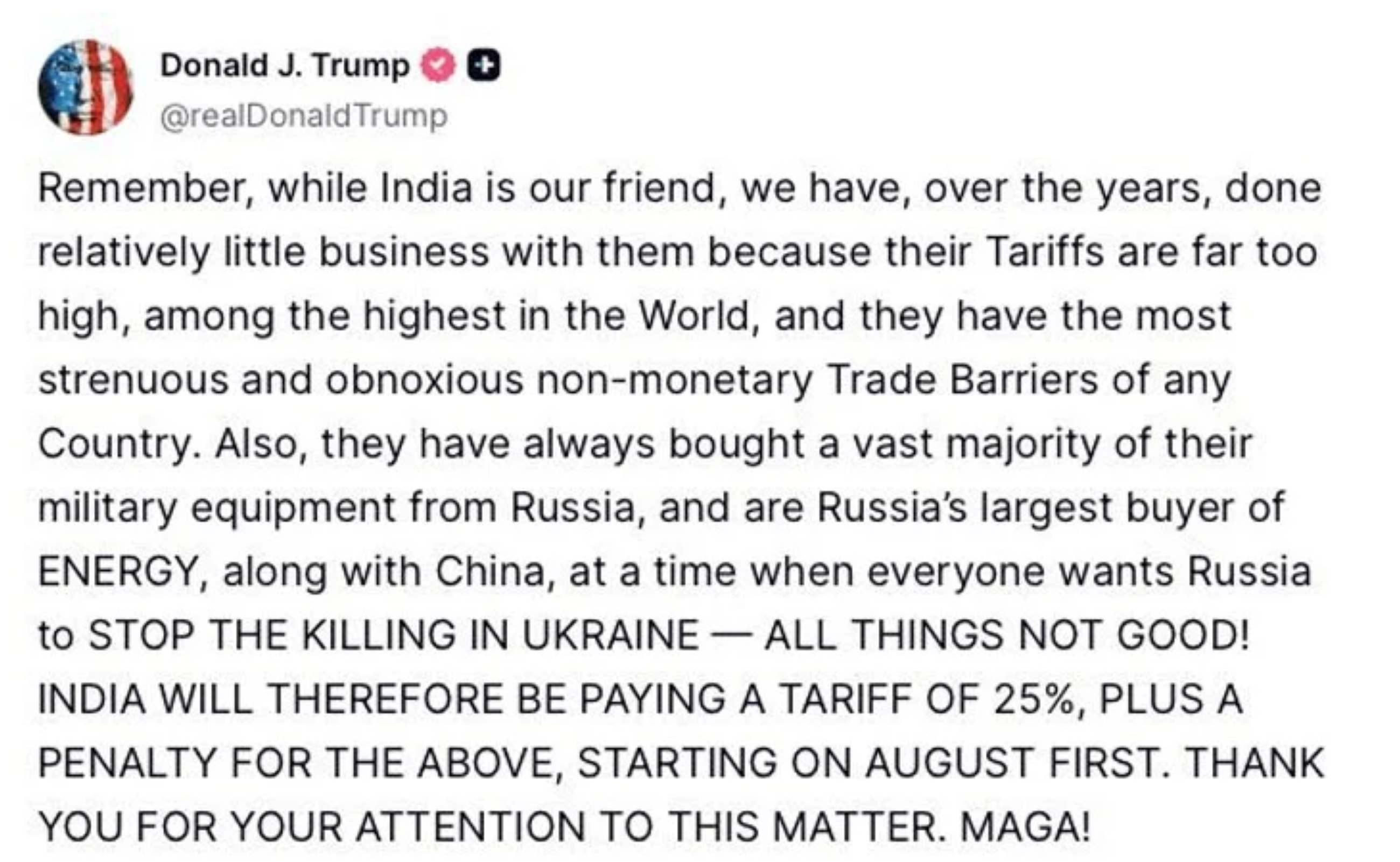US President Trump says imposing 25% tariff on Indian imports