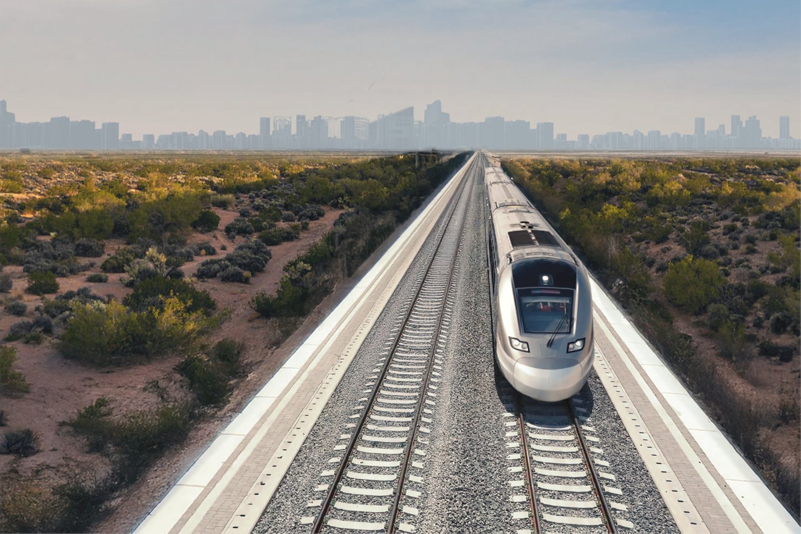 Mohammed boards Etihad Rail passenger train for journey between Dubai, Fujairah