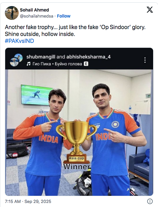 Indian cricketers mocked for flaunting 'fake Asia Cup trophy'