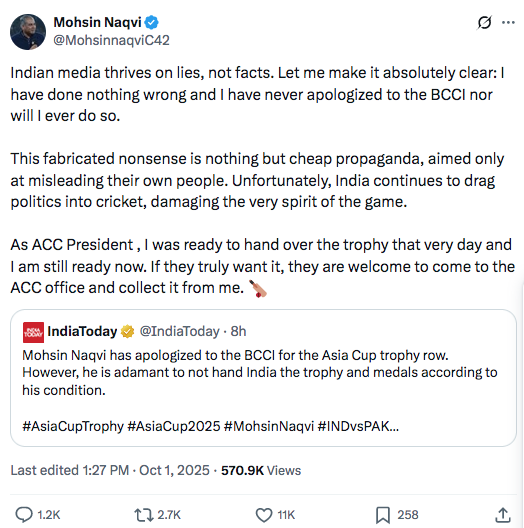ACC chief Naqvi says India is still 'welcome' to receive Asia Cup from him