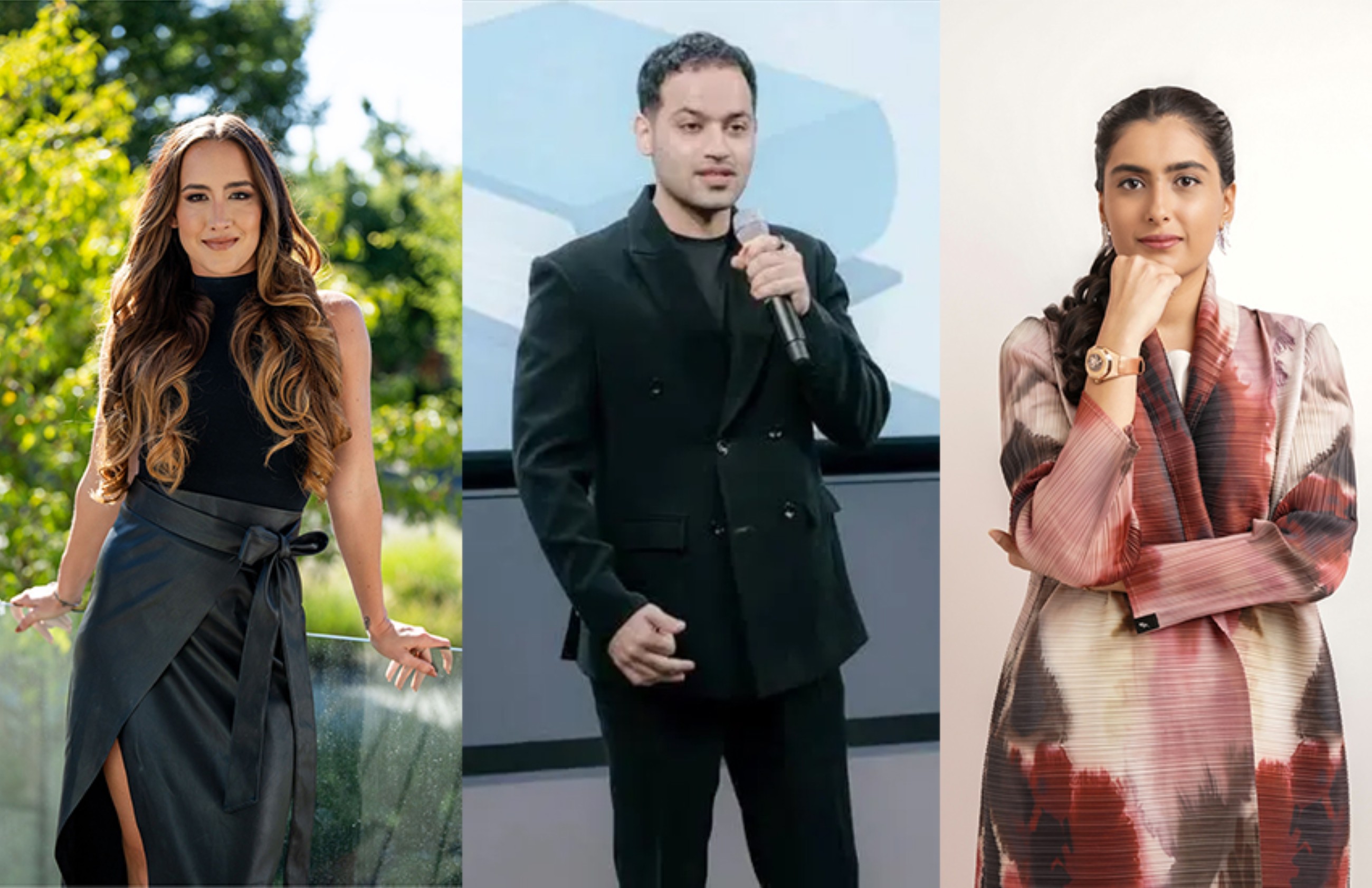 Codie Sanchez, Raj Shamani and Amira Sajwani pose for a photograph. 