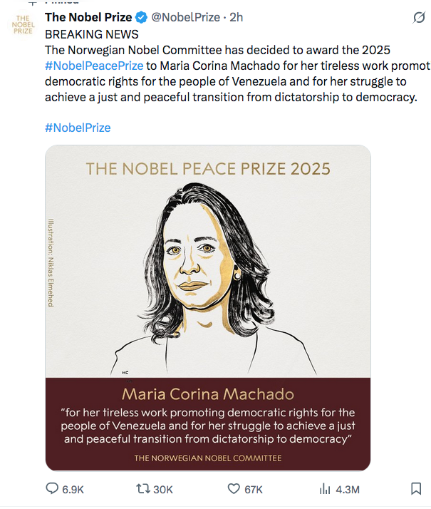 Trump misses out as Venezuela's opposition leader Maria Machado wins Nobel Peace Prize