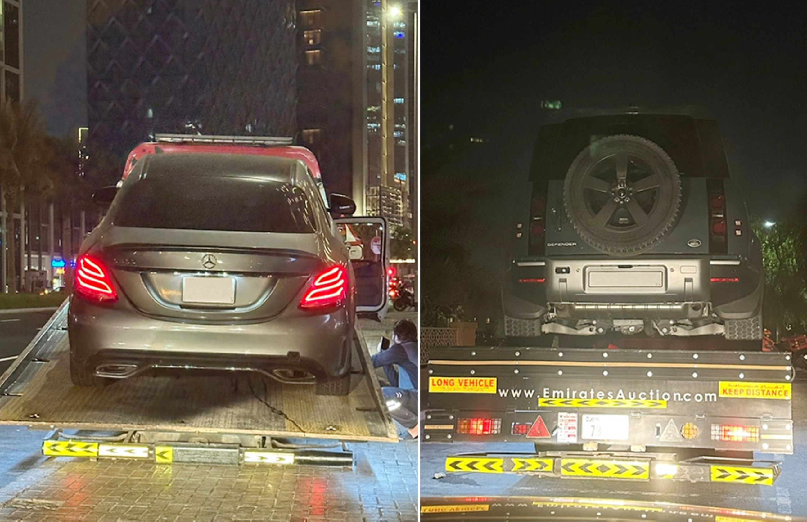 A combo image show two vehicles are taken away on tow trucks in Dubai. 
