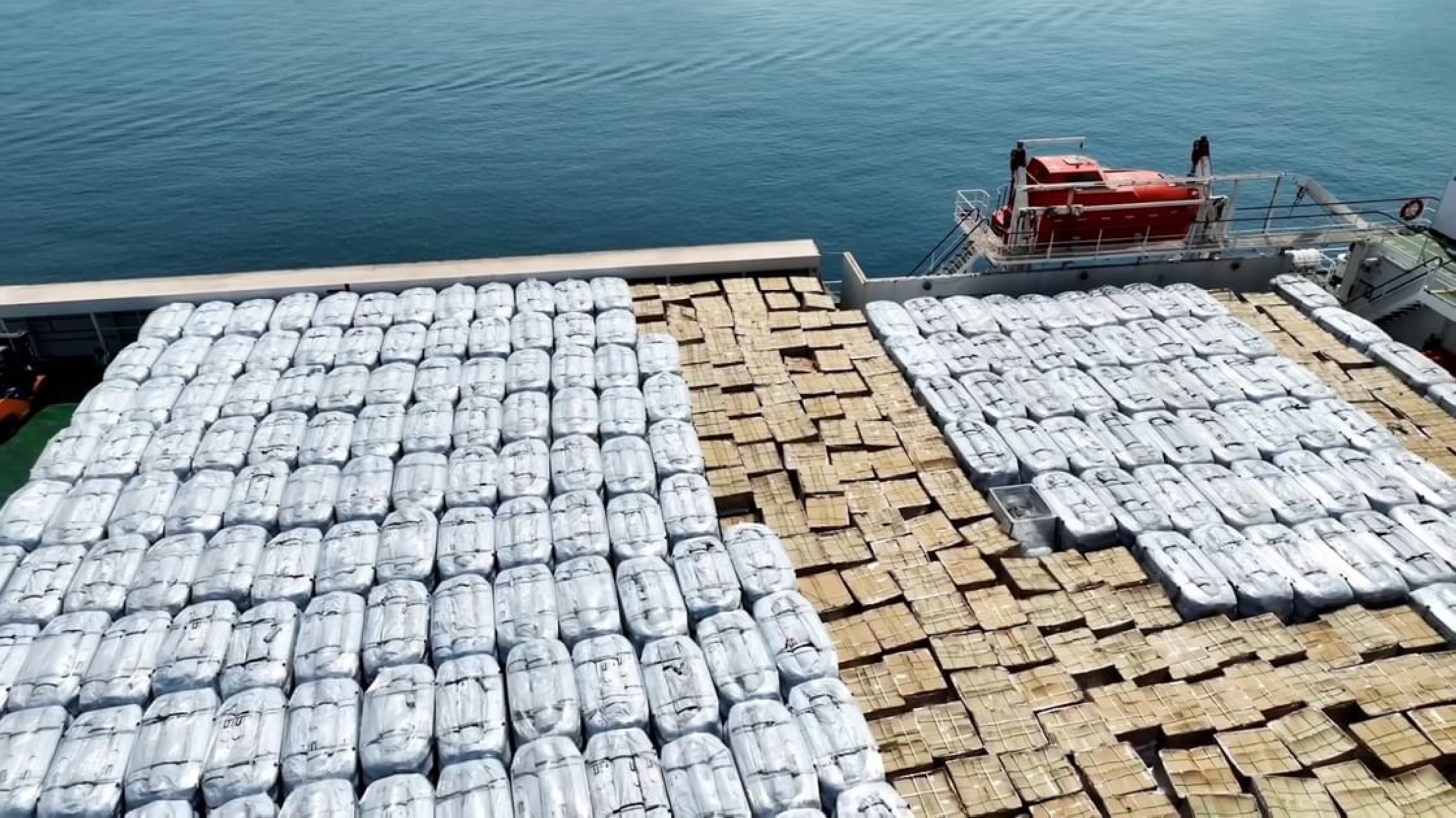Pallets of aid are loaded onto a UAE Humanitarian Ship. 