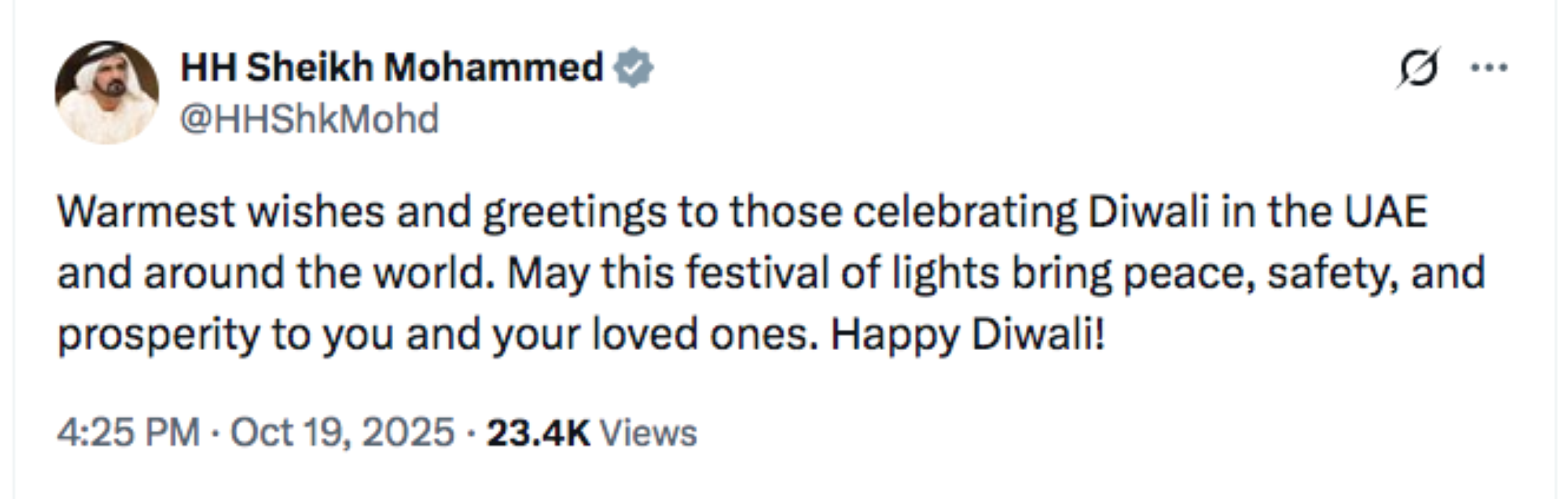 Sheikh Mohammed extends Diwali wishes to UAE residents, global Indian community